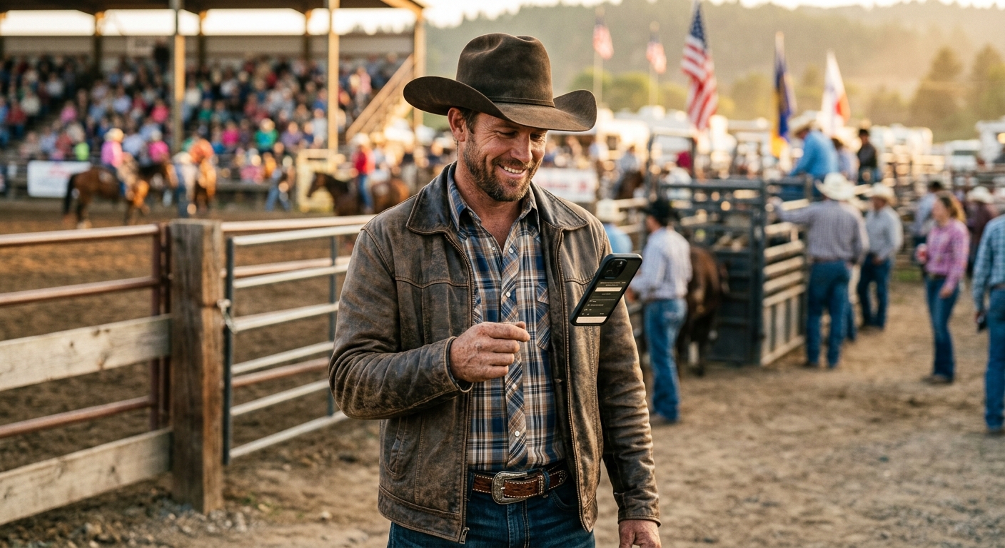 Rodeo cowboy contestant geared up before competition