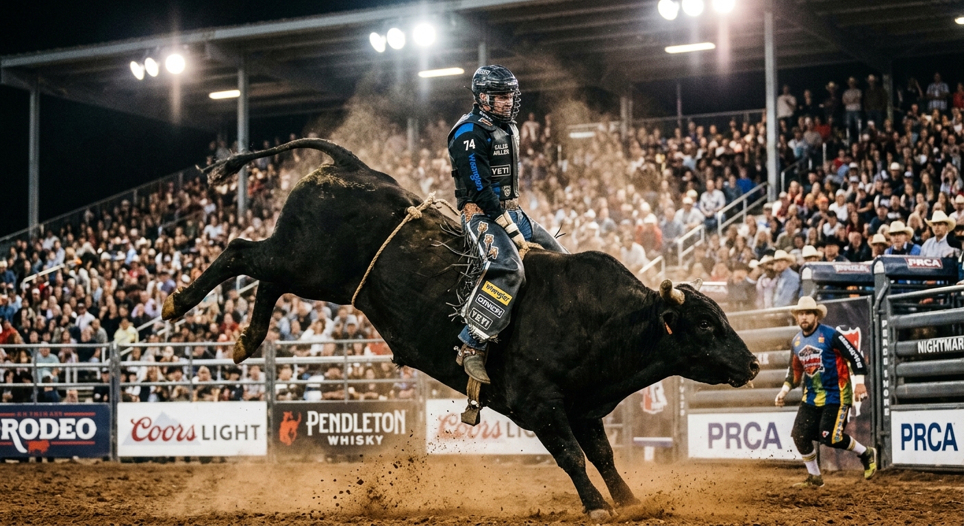 Bull rider mid-ride in rodeo arena