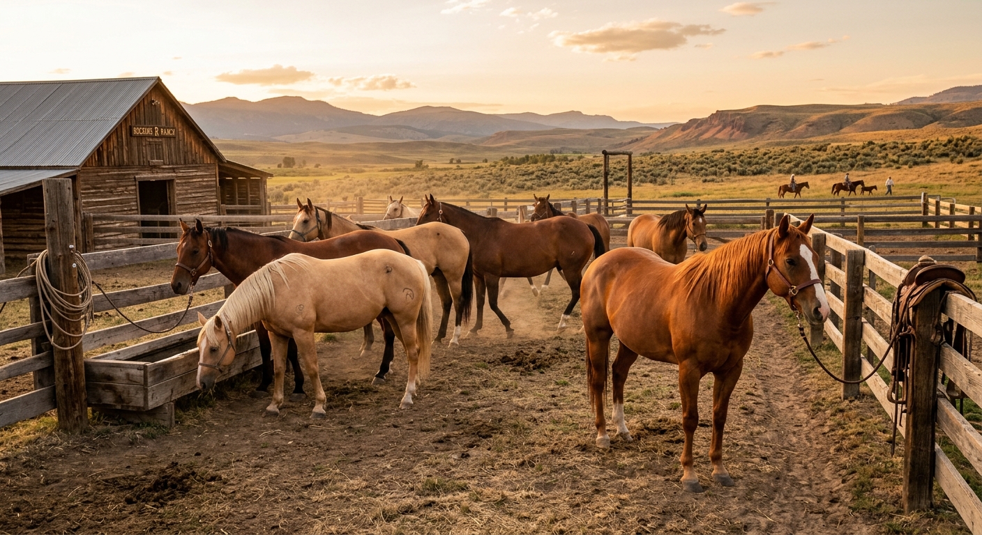 Rodeo livestock horses in a holding pen