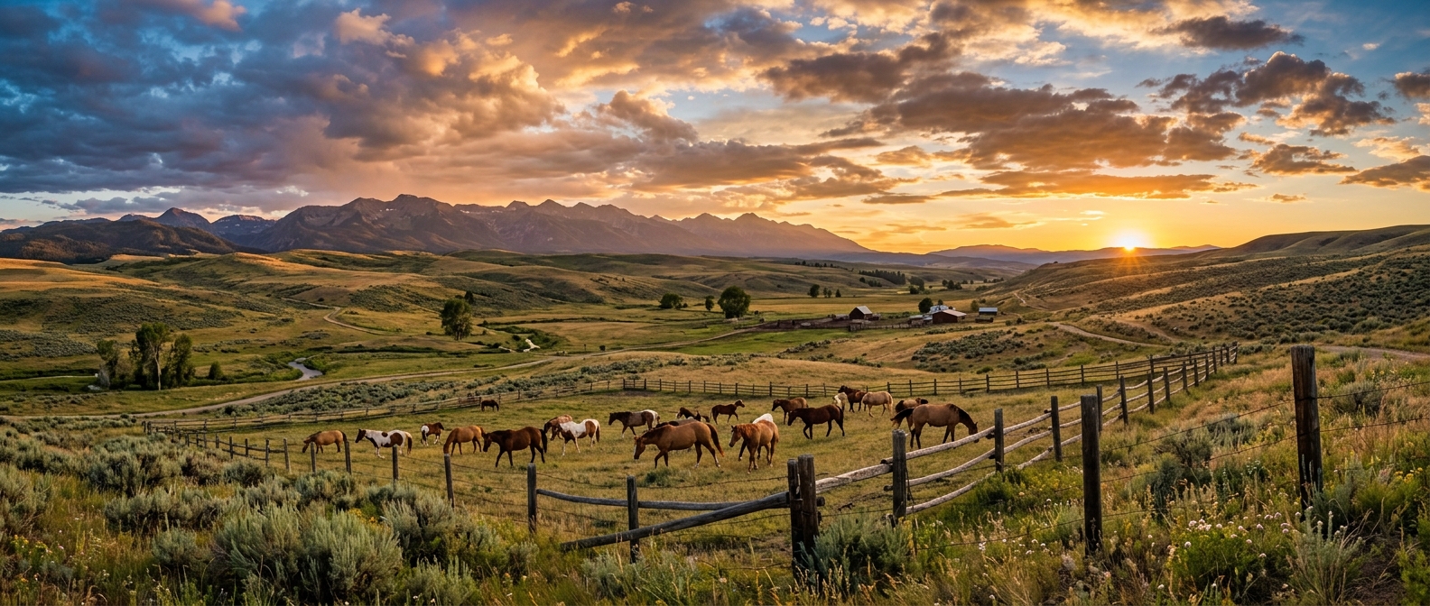Western ranch landscape at sunset rodeo country